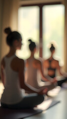 Blurred view of yoga studio with people meditating or doing gentle yoga poses on wooden floor. Suitable for health and wellness, vertical shot.