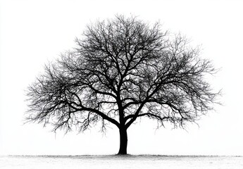 Solitary leafless tree with intricate branches standing on a flat snowy landscape with a bright white sky background