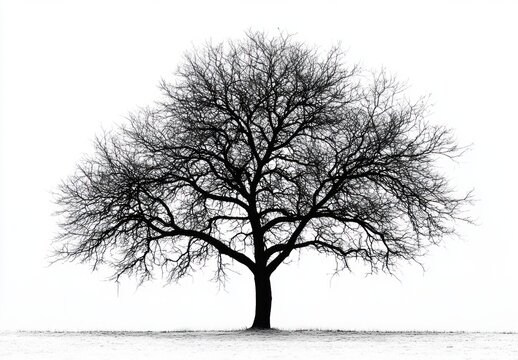 Solitary leafless tree with intricate branches standing on a flat snowy landscape with a bright white sky background