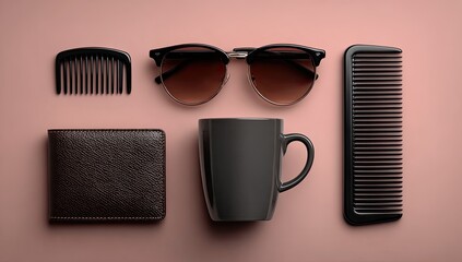 Flat lay of black accessories on a blush background