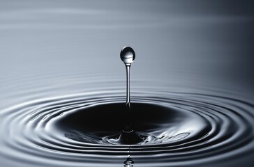 Close-up of a single water droplet suspended above the surface creating concentric ripples on calm water