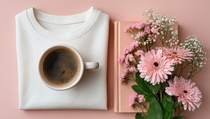 Soft, feminine flatlay with coffee, flowers, and a top