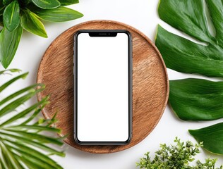 Smartphone centered on a wooden plate, surrounded by greenery