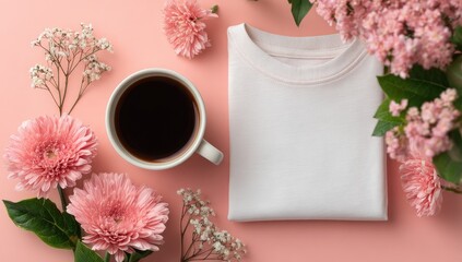 Pink flowers, coffee cup, and white top on a blush pink background