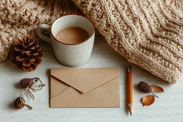 Cozy autumnal scene with coffee, envelope, and warm knit