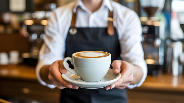 Barista proudly presents a perfectly crafted latte with beautiful foam art, offering a warm coffee experience.