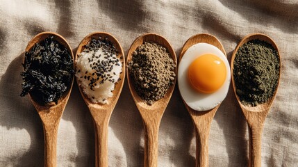 Wooden spoons holding various food items