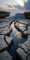 Cracked earth, tranquil pool, mountain view