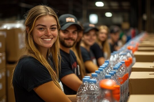 Group of young volunteers smiling and packing bottled water in a warehouse