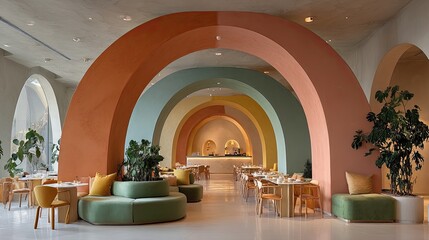 Rainbow-hued arches define a bright, airy dining space