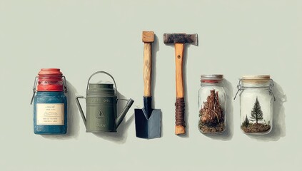 Row of vintage camping/outdoor tools and jars