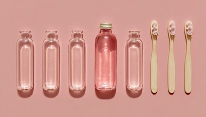 Pink background,  clear bottles,  water bottle,  toothbrushes