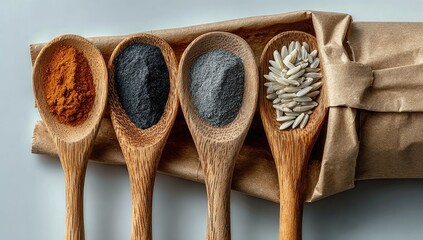 Four wooden spoons filled with spices and grains over a paper packet