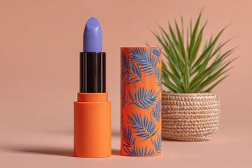 A vibrant orange lipstick tube with a light purple/lilac lipstick, next to a potted plant