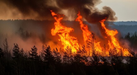 Devastating flames consume a forest landscape during a wildfire with thick smoke above the trees