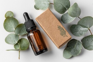 Amber dropper bottle, kraft box, eucalyptus leaves
