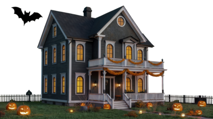 Spooky Victorian haunted house glows with jack-o'-lanterns and a bat silhouette for Halloween night celebrations and scary party invitations