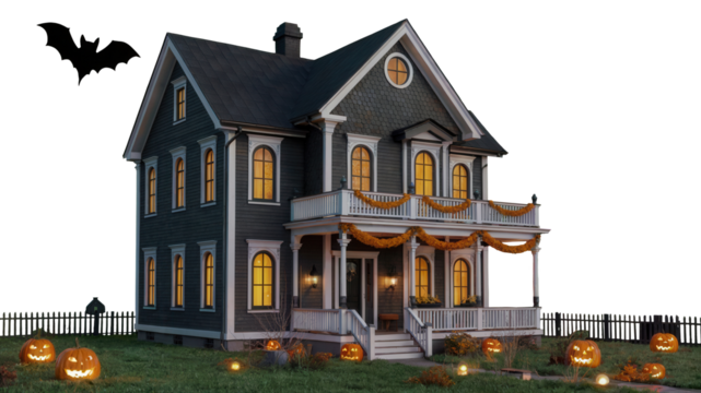 Spooky Victorian haunted house glows with jack-o'-lanterns and a bat silhouette for Halloween night celebrations and scary party invitations