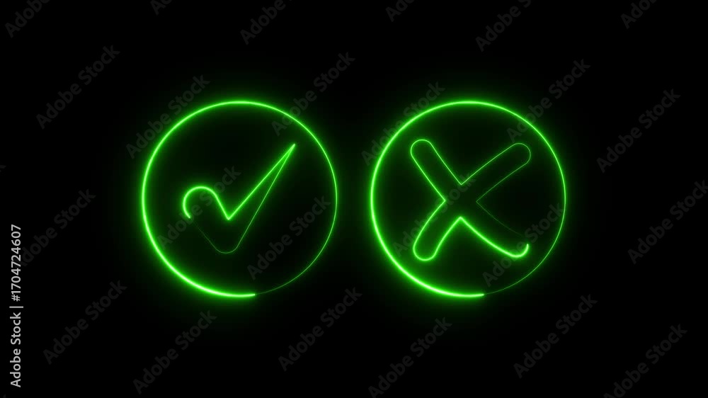 Poster neon green checkmark and cross symbols in circles on black background check mark tick