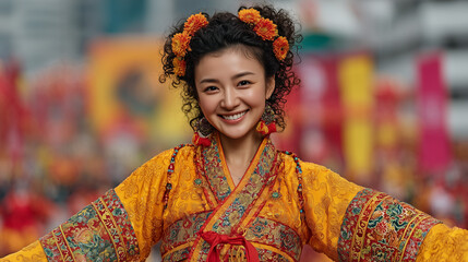 Fototapeta premium Beautiful woman in vibrant yellow hanbok smiling at Geumsan Ginseng Festival, celebrating Korean culture, heritage, and traditional dance with colorful costumes in South Korea.