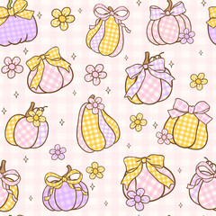 Pastel Coquette Fall Seamless Pattern Gingham Preppy Pumpkins with ribbon bow Wallpaper Printable