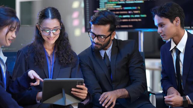 A software development team celebrates a successful product launch. They are reviewing the positive final metrics and user feedback on a tablet in their agile workspace after hours.