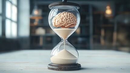 Hourglass with a human brain inside where sand is flowing from the brain into the lower chamber symbolizing time and cognition