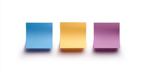 Three colorful sticky notes in blue, yellow, and purple arranged horizontally on a white background with soft shadows