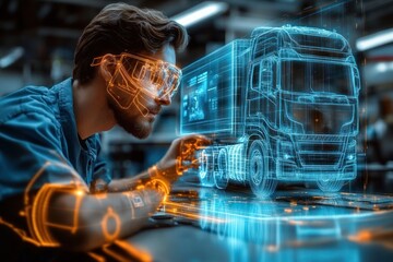 Man using augmented reality glasses and gloves to interact with a detailed holographic model of a large truck in a workshop setting