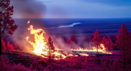 Inferno in the Twilight: Vivid Forest Fire at Dusk Burning Wild in Crimson Hues Amidst a Scenic