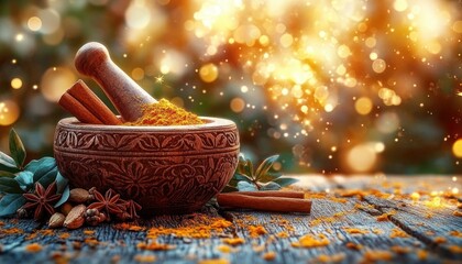 Decorative wooden mortar filled with vibrant orange spice powder surrounded by cinnamon sticks, star anise, and green leaves on rustic wooden surface with warm glowing bokeh background