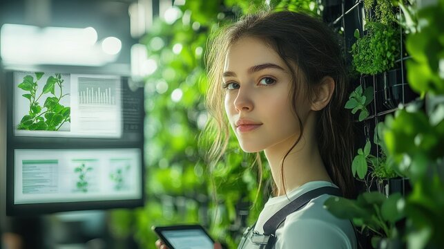 Young woman with digital tablet standing in vertical garden surrounded by green plants, looking thoughtfully with digital plant data overlays