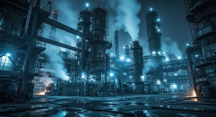 Industrial complex at night with illuminated structures and smoke plumes enhancing the scene