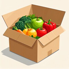 Cardboard box filled with a fresh and colorful assortment of organic fruits and vegetables. A concept for grocery delivery, healthy eating, and food aid