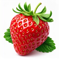 A single perfect ripe strawberry with lush green leaves, showcased on a pristine white background. A symbol of sweet, natural, and healthy organic fruit