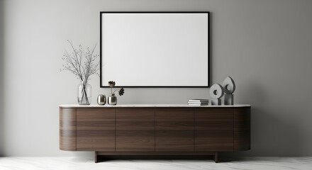 Modern minimalist living room interior design with wooden sideboard and blank frame mockup for artwork or advertisement