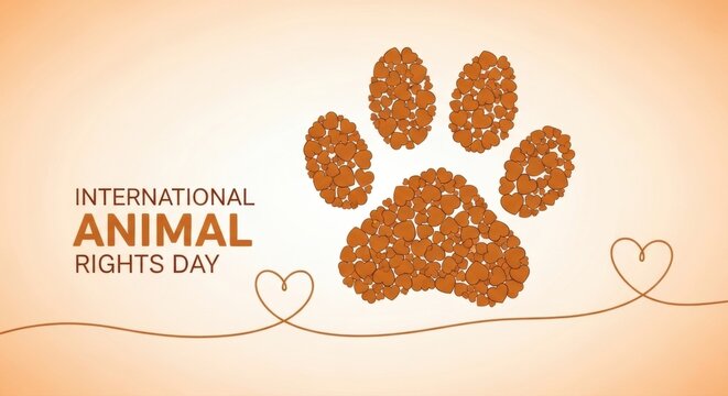 International animal rights day with paw print made of hearts and heart shaped line art on beige