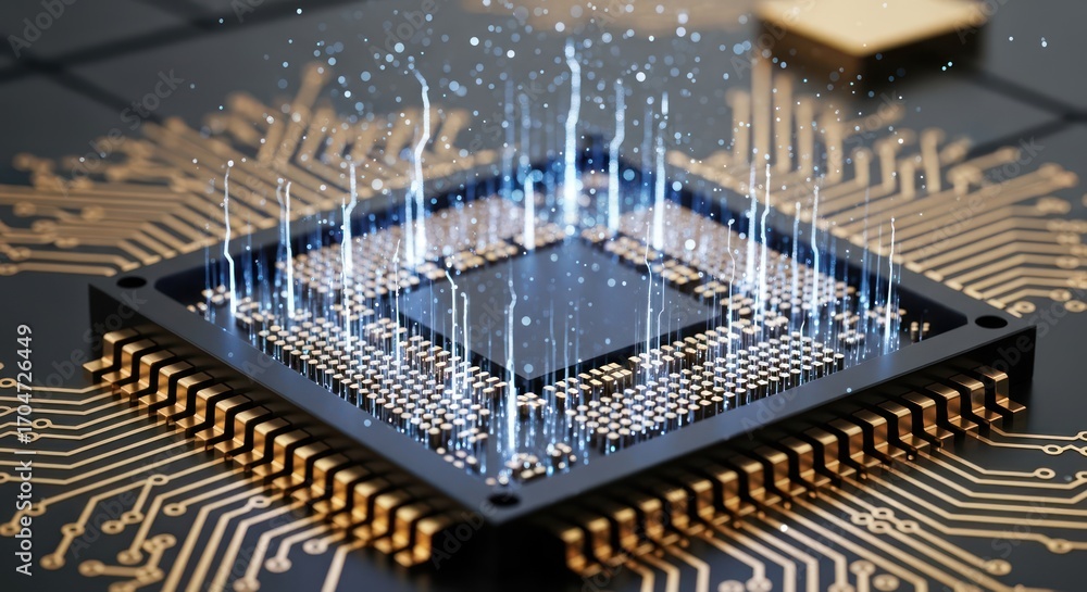 Poster complex microchip radiating streams of data, illustrating technology, innovation and advanced