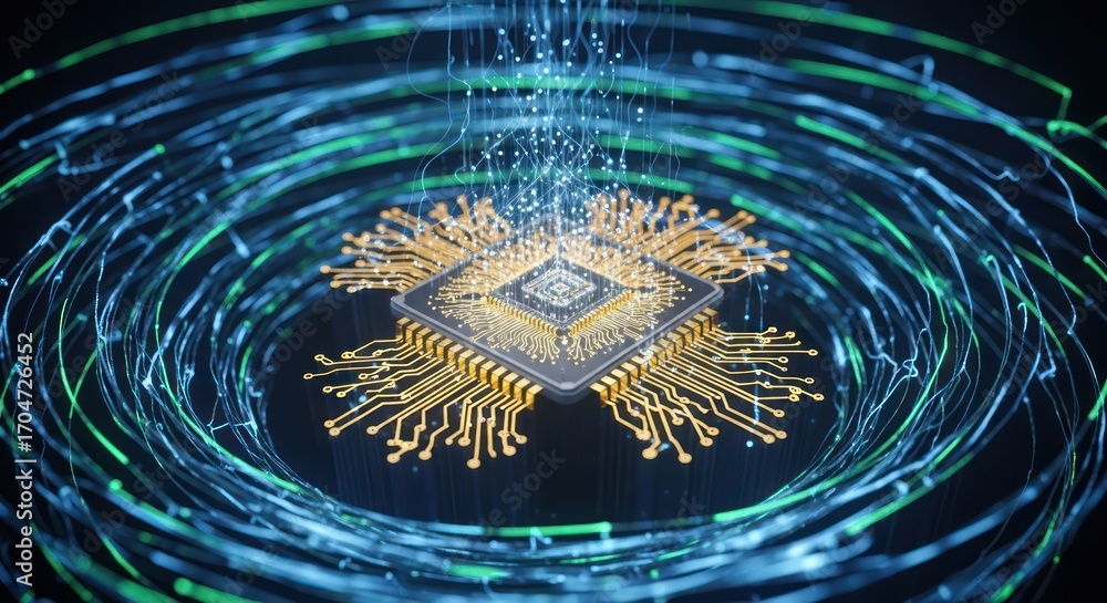 Fototapete artificial intelligence microchip with luminous data streams symbolizing cutting edge technology