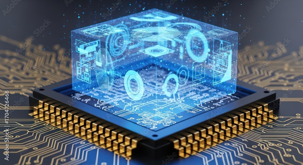 Poster futuristic microchip illustrating data analysis and digital communication processes technology