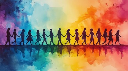 Silhouettes of diverse people holding hands walking together against a vibrant, rainbow-colored watercolor background symbolizing unity and harmony