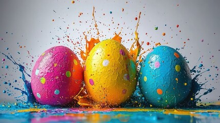 Three colorful Easter eggs with polka dots splashing vibrant paint in pink, yellow, and blue creating a joyful and dynamic scene