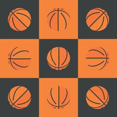 Nine orange basketball illustrations set against gray and orange square backgrounds, perfect for sports-themed design