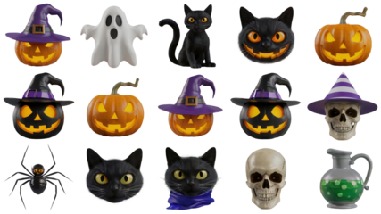 Spooky Halloween icons featuring glowing jack-o'-lanterns, black cats, ghosts, spiders, skulls, and potion bottles for festive seasonal decorations and design elements
