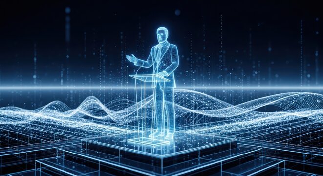 Futuristic speaker delivering an innovative presentation on a digital platform environment