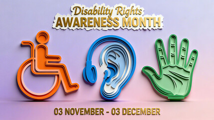 Wheelchairs, ears, and palm elements, attention to different types of disabilities in disability rights promotion, disability rights awareness month promotion from November 3rd to December 3rd.
