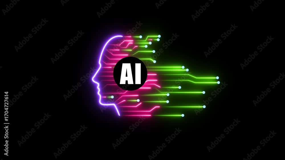 Poster glowing neon ai head silhouette with circuit board lines and data points on black background artific