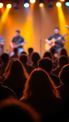 Blurred image of a crowd of young people dancing and enjoying a music festival. Colorful stage lights, intense bokeh effect, vertical shot.