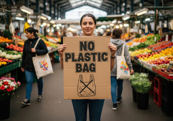 Young woman promotes sustainable shopping with a 'No Plastic Bag' sign at a colorful fruit and vegetable market