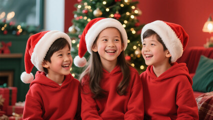 A portrait of three joyful children in a cozy Christmas setting. Christmas, Christmas Tree, Merry Christmas, Christmas Background, Christmas Lights